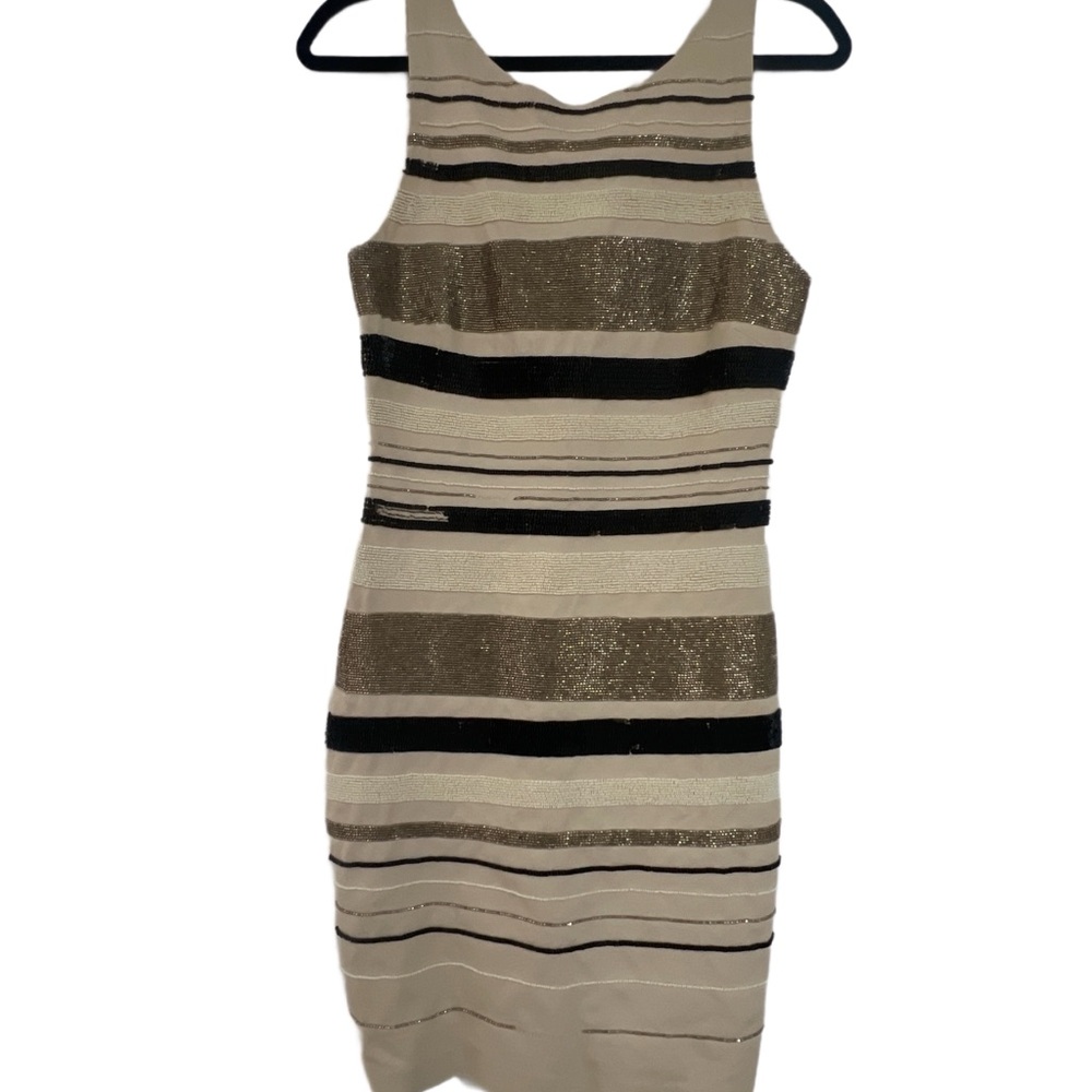 Haute Hippie Beige, Black and Gold Striped Sequin/Bead Sheath Dress